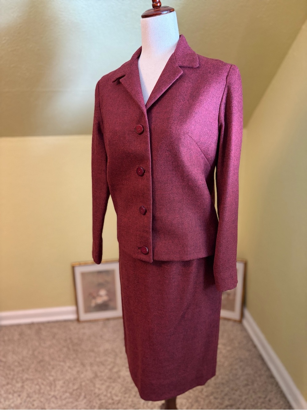 Vintage 1960s Glen of Michigan Skirt Suit by Bill Atkinson Burgundy 100% Wool 12